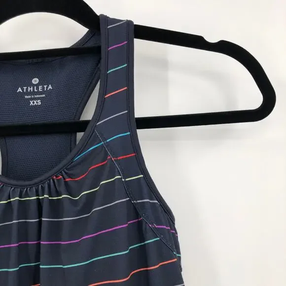 Athleta Navy Blue Multicolor Stripe Ties Racerback Built In Bra Tinker Tank Top - Picture 9 of 10